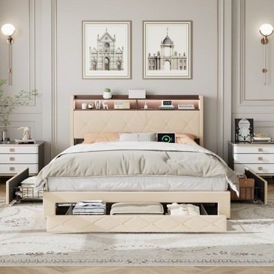 VECELO Full/Queen Size Bed Frame, Upholstered Platform Bed with Headboard & Charging Station, Heavy Duty Metal Slats, Beige