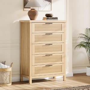 Fluted 5 Drawer Dresser for Bedroom Rattan Chest of Dressers Tall Dresser for Closet with Drawers Boho Night Stand - 1 of 4