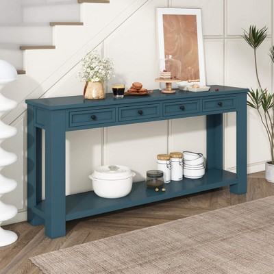 ORRD Rustic Chic Sofa Table with 4 Drawers & Bottom Shelf - 63" Entryway Console Table, Solid Wood, Farmhouse Hallway Storage（Blue）