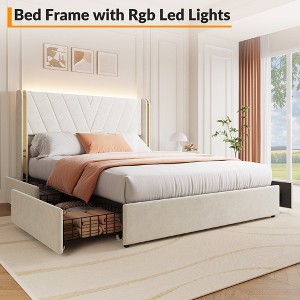 Bed Frame and Headboard with Led Light, Queen Size Bed Frame with Storage, Metal Frame with Wood Lath Support - 1 of 4