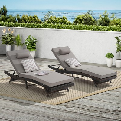 Outdoor Chaise Lounge Chair Set of 2, Wicker Reclining Lounge with Adjustable Backrest & Cushion, Sunbathing Chair for Patio Pool Garden
