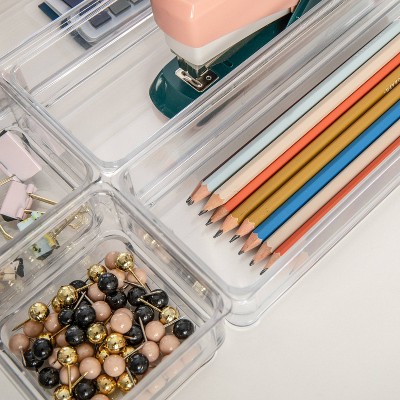 Martha Stewart Clear Plastic Stackable Desk Drawer Organizers, Set of 6