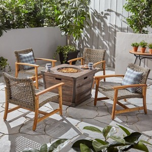 GDFStudio Savannah Outdoor Acacia Wood and Wicker 5 Piece Club Chair and Fire Pit Set - 1 of 4