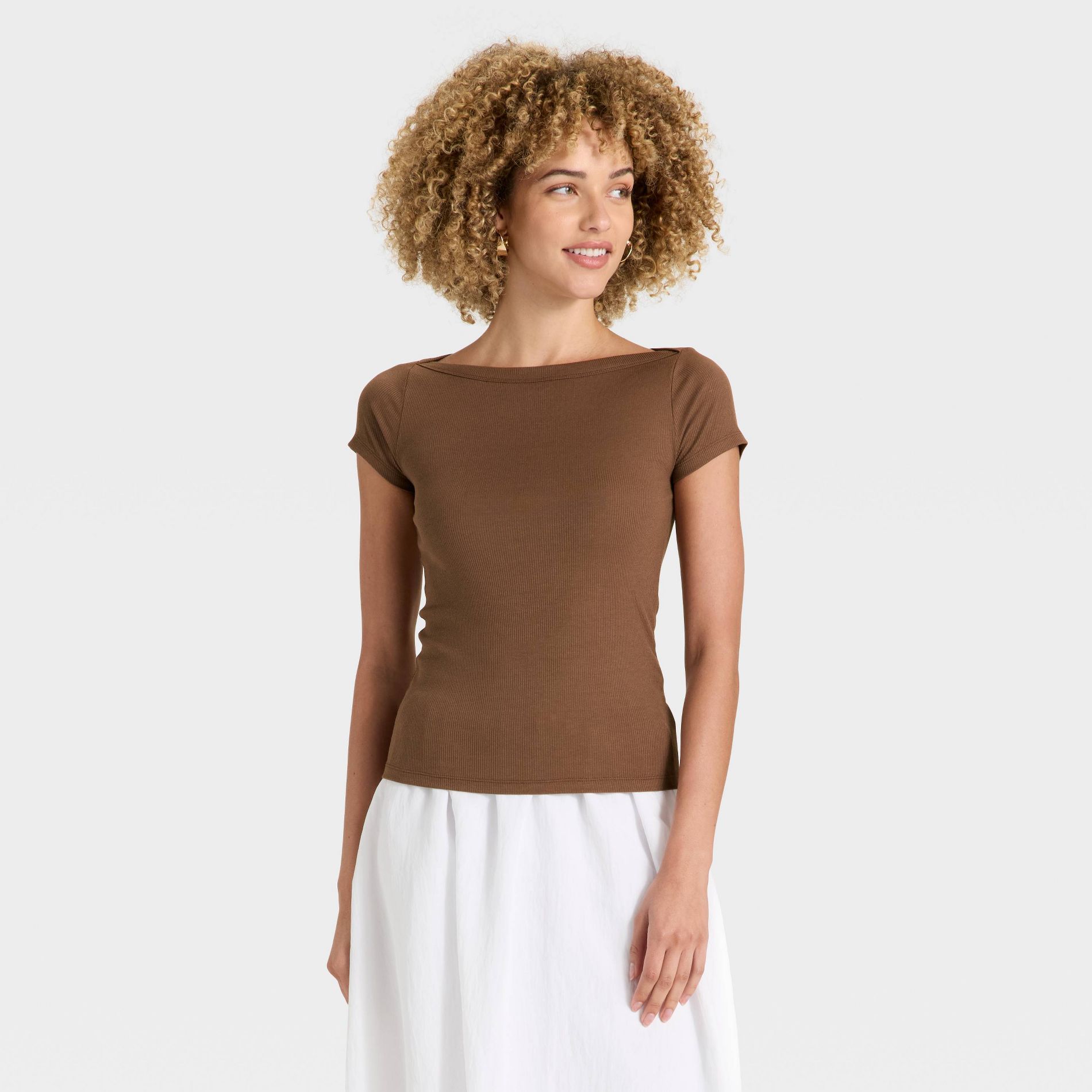 Women's Boat Neck Ribbed T-Shirt - A New Day™ Brown XL