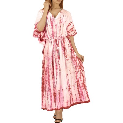 LA LEELA Women's Maxi Caftan Dress – Plus Size Cover Up, Beach Evening Gown, Drawstring Fit
