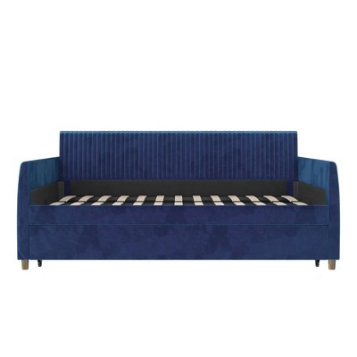 Twin Blue Velvet Upholstered Daybed with Trundle and Tufted Headboard