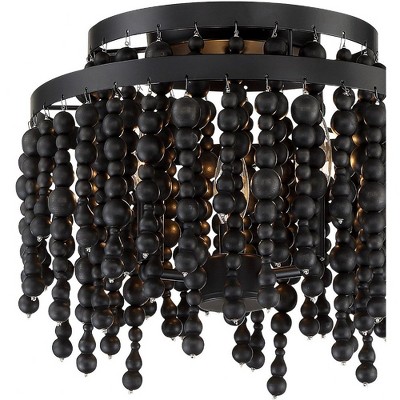 Matte Black Glass and Wood Bead 3-Light Chandelier