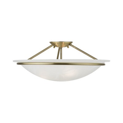 Antique Brass 3-Light Semi-Flush Mount with Alabaster Glass