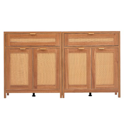 VEVOR Rattan Cabinet, Set of 2, Rattan Storage Cabinet with 4 Magnetic Doors and 2 Drawers, Sideboard Buffet Cabinet, Natural