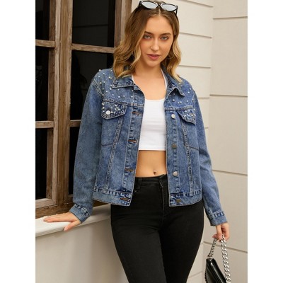 INSPIRE CHIC Women's Trendy Button Down Long Sleeve Pearl Denim Jacket Large Blue — фото 3