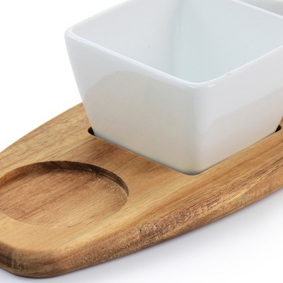 White Ceramic Tidbit Dish Set with Acacia Wood Base