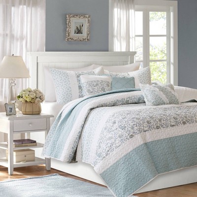Madison Park 6pc Reversible Stella Cotton Percale with Throw Pillows Quilt Bedding Set 