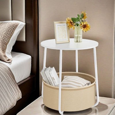 Image of Unikito Small Round Side End Table with Fabric Basket, Table with Storage for Living Room Bedroom, Modern Accent, Beige, 19.3"*19.9"*19.9"