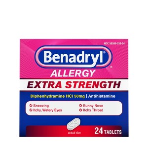 Benadryl Extra Strength Diphenhydramine Antihistamine Allergy Relief Tablets - 24ct - 1 of 4