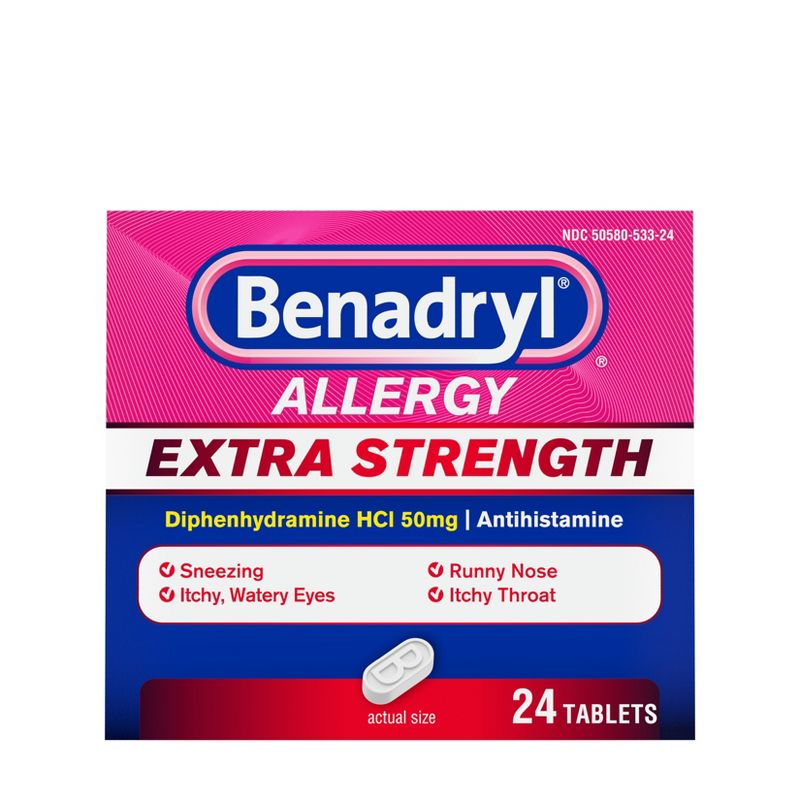 Benadryl Extra Strength Diphenhydramine Antihistamine Allergy Relief Tablets - 24ct, 1 of 10
