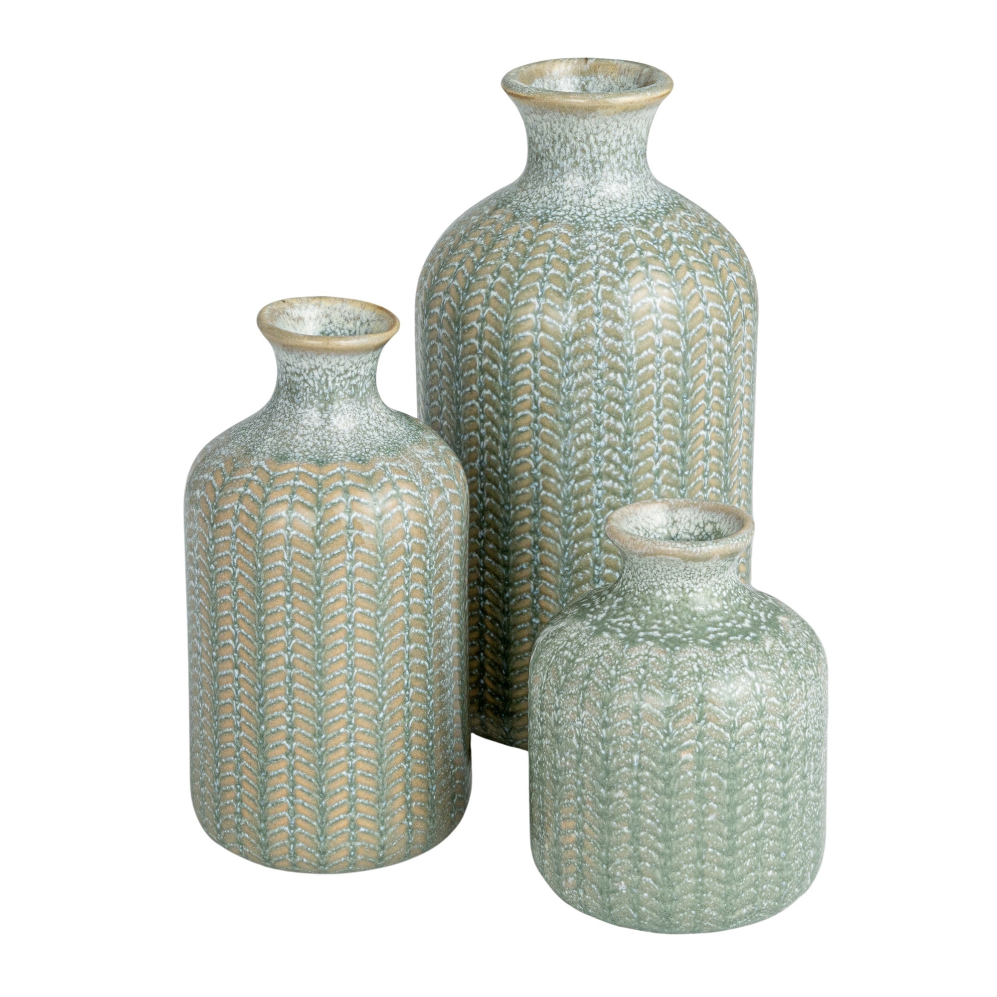 Storied Home Embossed Stoneware Vases with Reactive Glaze, Grey, Set of 3