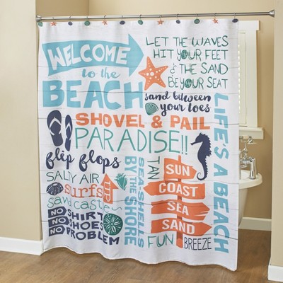 Lakeside Welcome to the Beach Shower Curtain with Coastal Sentiments and Icons