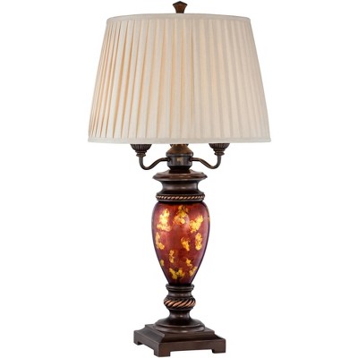 Barnes and Ivy Traditional Table Lamp Bronze Metal Urn Tortoise Shell Glass Off White Pleated Shade for Living Room Family Bedroom