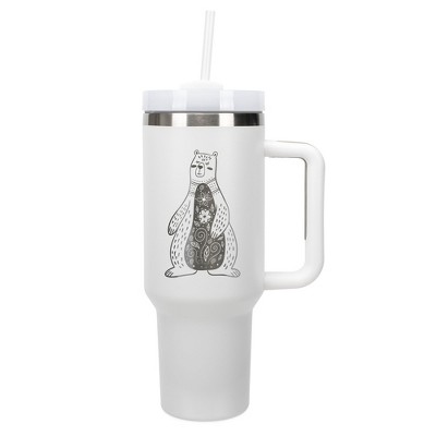 Elanze Designs 40 Ounce Travel Tumbler With Straw and Lid Stainless Steel Double Wall Insulated Whimsical Floral Bear White