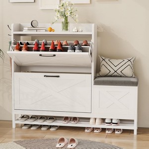 Shoe Cabinet with 2 Flip-Drawers & Storage Bench, Farmhouse Wood Freestanding Shoe Rack with 2 Hooks - 1 of 4