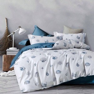 100 Washed Cotton Duvet Cover - Nautical Coastal Bedding Set with Seashell Print, Blue, Queen Size, Zipper Closure, 4 Ties - 1 of 4