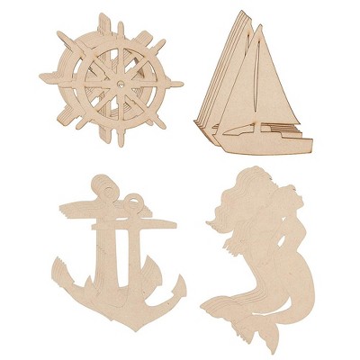 Genie Crafts 24 Piece Unfinished Nautical Wood Cutouts for Crafts, Sailboat, Mermaid, Anchor, Ship Wheel