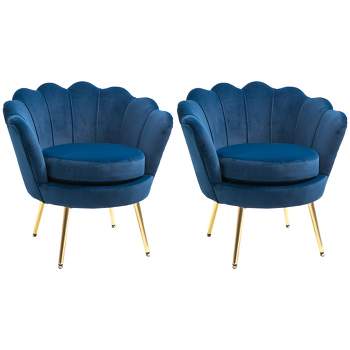 HOMCOM Elegant Velvet Fabric Accent Chair/Leisure Club Chair with Gold Metal Legs for Living Room, Set of 2, Blue
