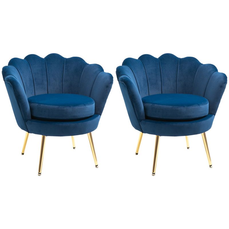 HOMCOM Elegant Velvet Fabric Accent Chair/Leisure Club Chair with Gold Metal Legs for Living Room, Set of 2, Blue, 1 of 7