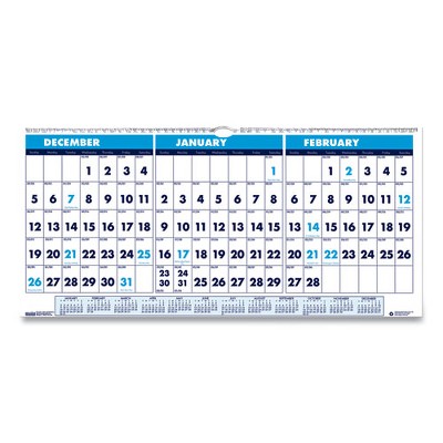 Recycled Three-Month Format Wall Calendar, Vertical Orientation, 8 x 17, White Sheets, 14-Month (Dec to Jan): 2023 to 2025