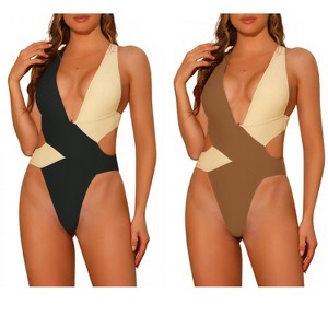 INSPIRE CHIC Women's Color Block Deep V Neck Criss Cross Back Swimwear Bathing Suit Monokini 2 Sets - 1 of 4