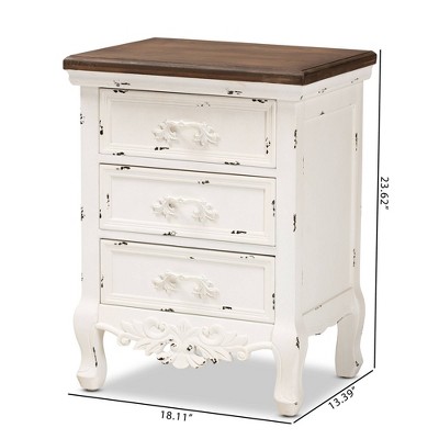 Levron Antique White and Walnut Brown 3-Drawer Solid Wood Nightstand