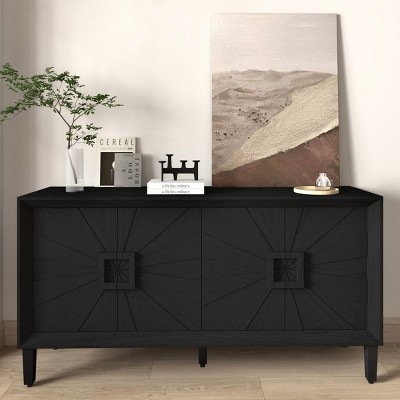 60'' Rustic American Farmhouse Storage Cabinet,Antique Wood TV Stand with Adjustable Shelves,Credenza with Symmetrical Sunburst Doors-Coolbibila