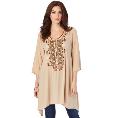 Roaman's Women's Plus Size Embroidered Henley Tunic