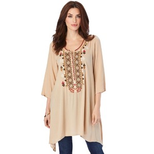 Roaman's Women's Plus Size Embroidered Henley Tunic - 1 of 4