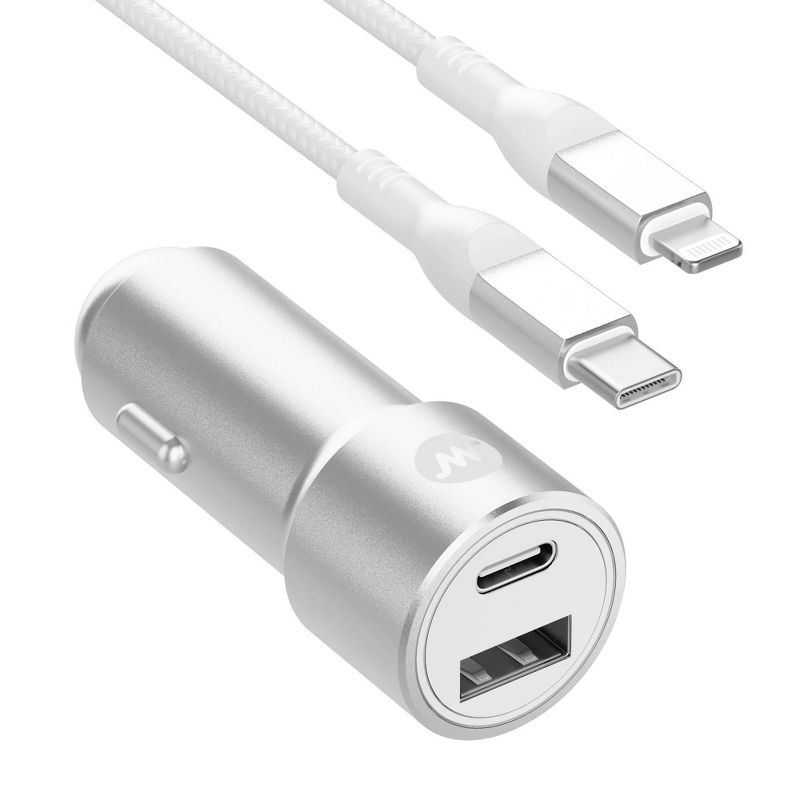 Just Wireless Pro Series 42W 2-Port USB-A &#38; USB-C Car Charger w/ 6&#39; Lightning to USB-C Cable - Silver &#38; White, 1 of 8