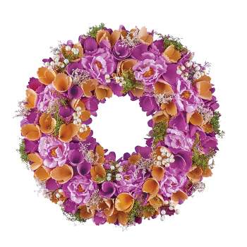 Collections Etc Pink and Purple Wooden Floral Hanging Wreath