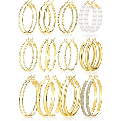 Gold Hoop Earrings Set for Women, 12 Pairs Large/Big Thin Thick Gold Hoops Earrings Loop Pack for Jewelry Gift 40mm/50mm