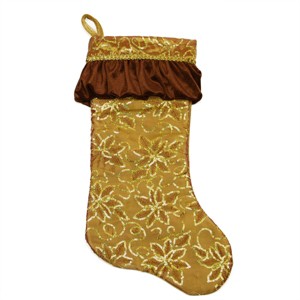 Northlight 19" Gold Sequined Floral Venetian Style Ruffle Cuff Christmas Stocking - 1 of 3