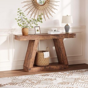 Farmhouse Console Table,2-Tier Wooden Trapezium Sofa Table with Open Storage Shelf - 1 of 4