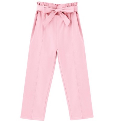 Girls High Waist Paperbag Pants Casual Fit Tapered Trousers with Pockets