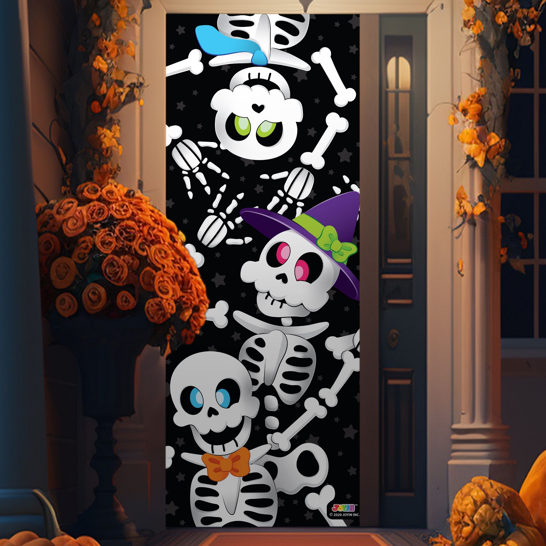 Joyfy 30”x 72” 3D Halloween Cute Skeleton Door Cover,Fabric Skeleton Door Cover for Horror Movie Theme Party,Halloween Wall Decorations,Party Supplies