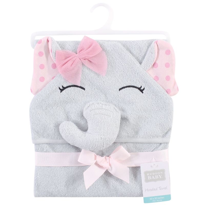 Hudson Baby Infant Girl Cotton Rich Animal Face Hooded Towel, Pink Dots Pretty Elephant, One Size, 3 of 4