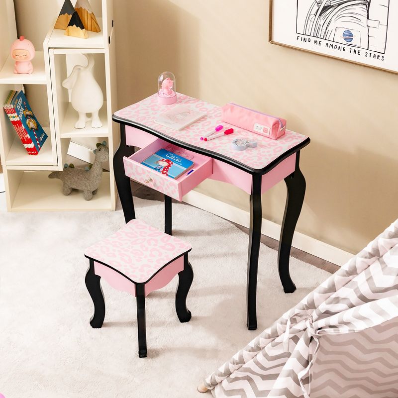 Costway Kid Vanity Set Wooden Makeup Table Stool Tri-Folding Mirror Leopard Print Pink, 3 of 11