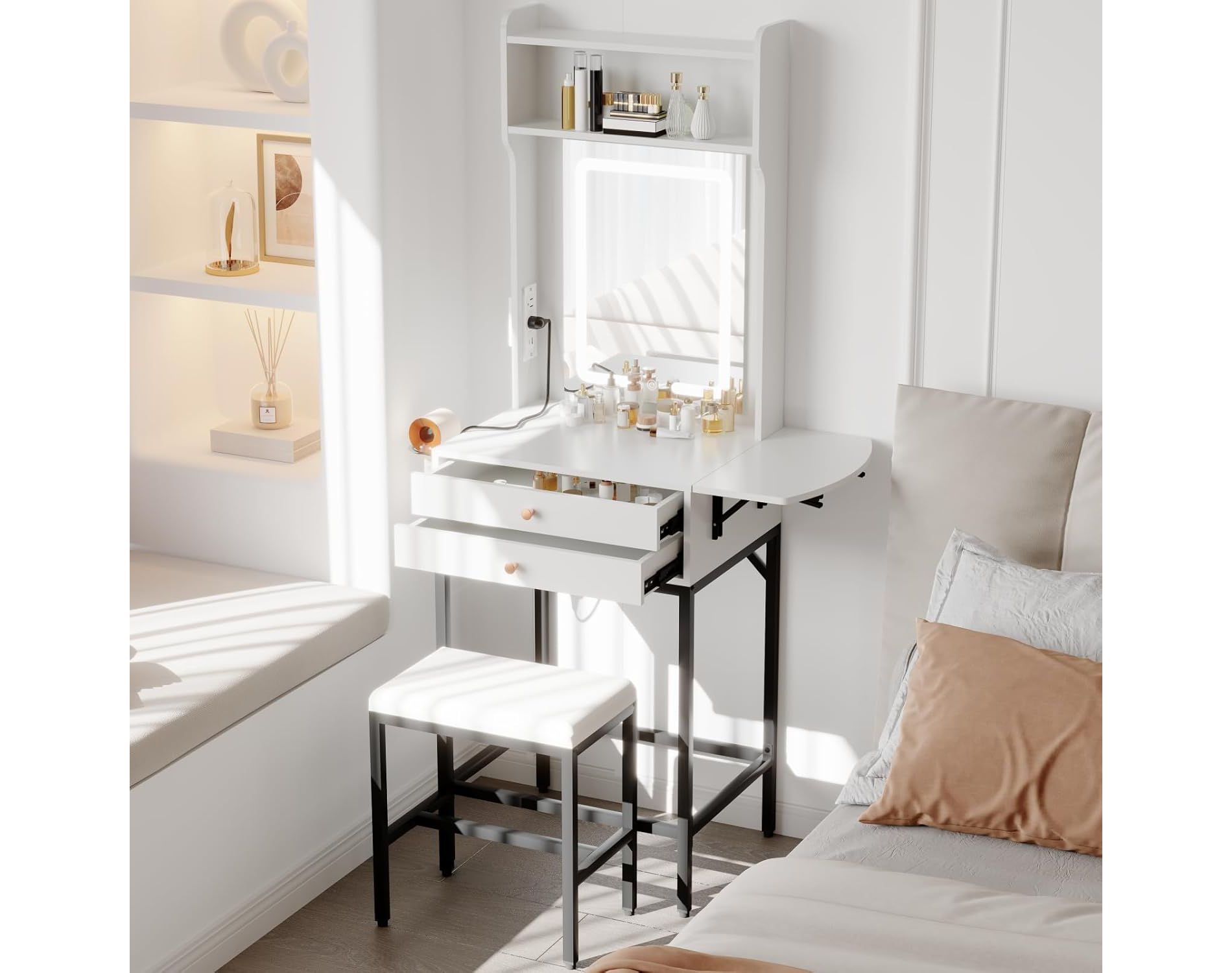 Acekool Mini Makeup Vanity Desk with Lighted Mirror, Foldable Side Panel, Hair Dryer Holder, 2 Drawers, Compact Dressing Table for Small Spaces