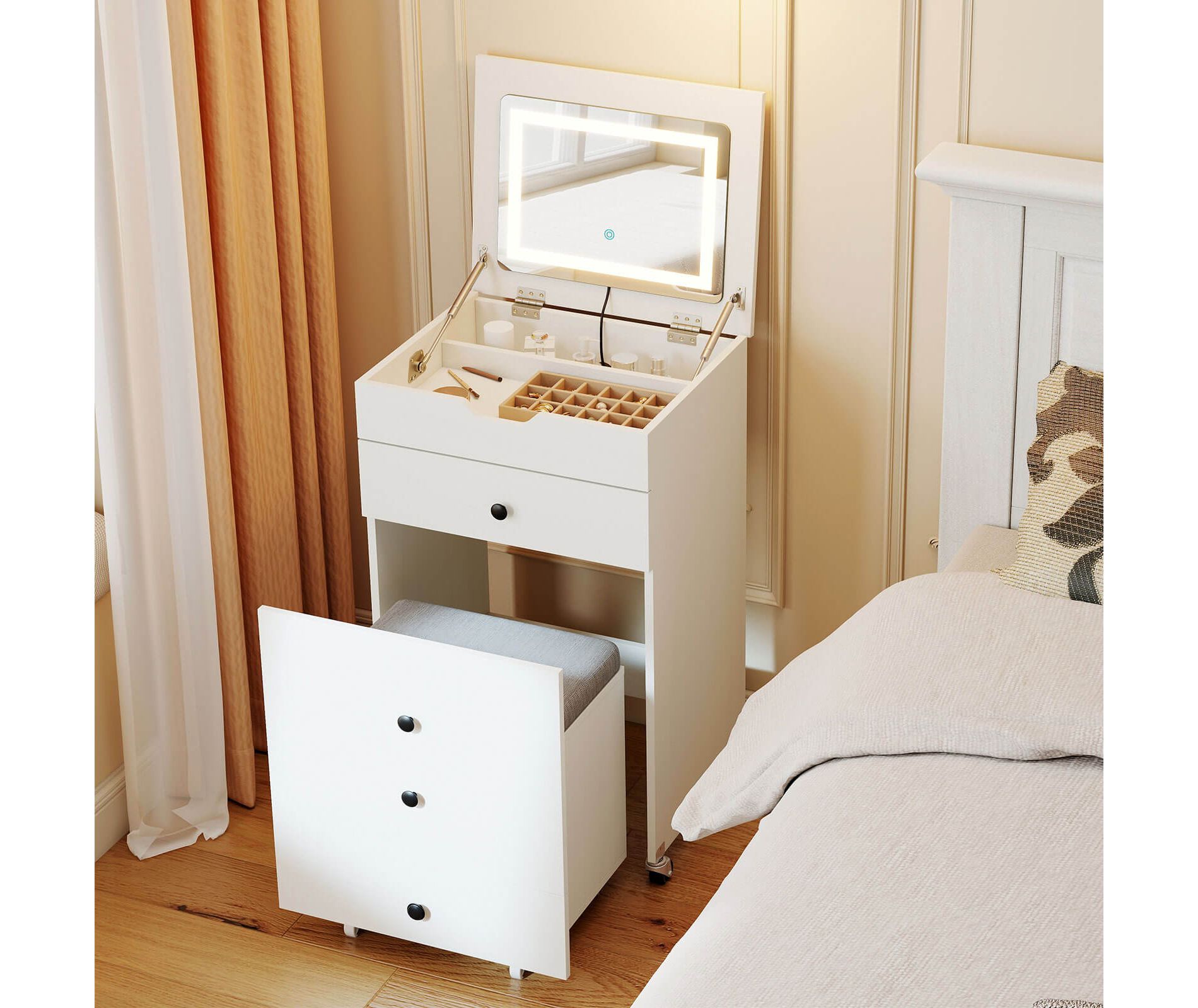 Costway 3-in-1 Small Vanity Desk Set with Flip-top Mirror, Lights, Drawers, Storage Stool White