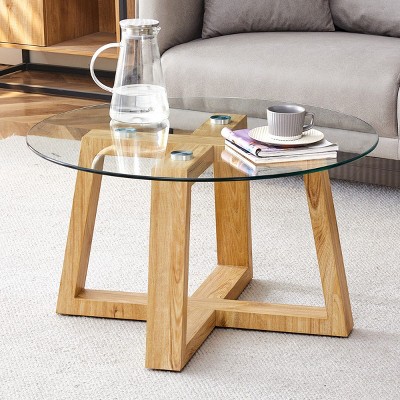 Round Coffee Tea Table,Modern End Table With Tempered Glass Tabletop And Wood Legs,Center Table For Living Room Bedroom-Cuddlewood
