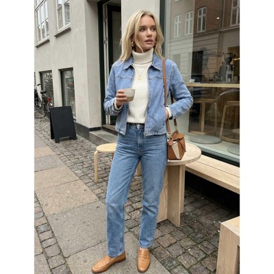 INSPIRE CHIC Women's Long Sleeve Turndown Collar Pockets Lightweight Denim Cropped Bomber Jackets Large Light Blue — фото 3