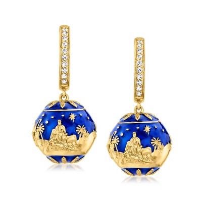Ross-Simons 0.30 ct. t.w. White Topaz and Blue Enamel Nativity Hoop Drop Earrings in 18kt Gold Over Sterling