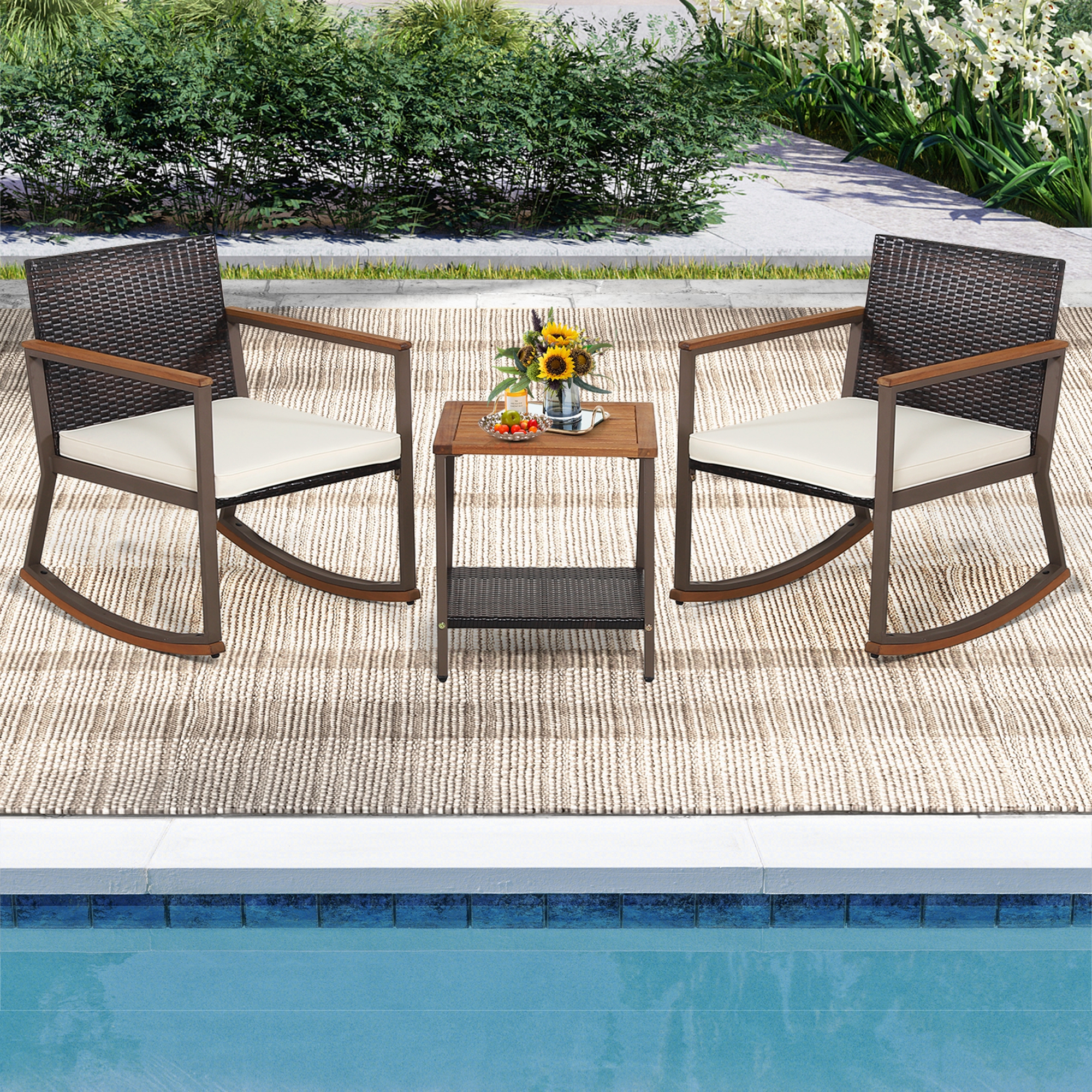 Costway 3PCS Patio Rattan Rocking Chair Bistro Set Armrest Cushion Table with Storage Shelf Off White