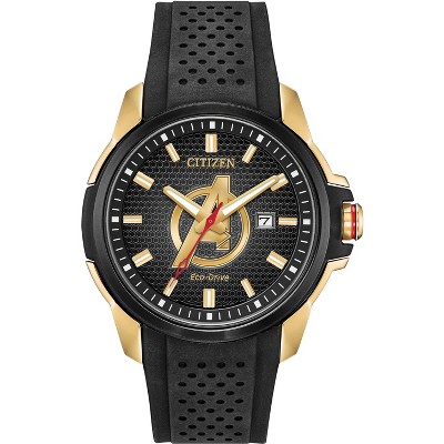 Citizen Marvel Eco-Drive featuring Avengers 3-hand Gold IP Black Silicone Strap
